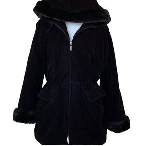 Gallery black velvet heavy coat size large fax fur sleeve hem and hood winter